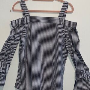 Michael Kors Off the Shoulder Navy Blue Striped Tie Sleeve Cotton Blend Top M
